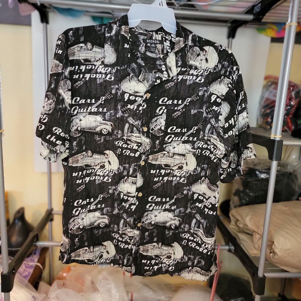 George Full Button SS Cars & Guitars Rock & Roll B&W - Size Large (42/44)